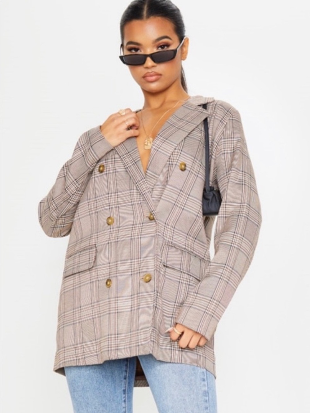 PrettyLittleThing Stone Check Print Woven Oversized Blazer.Glen Plaid Taupe Sz 6